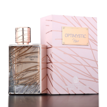 Fragrance World Optimystic for Her EDP 100 ml — изображение товара; очень крупный план; на тёмном фоне