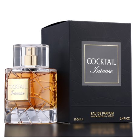 Fragrance World Cocktail Intense EDP 100 ml — tuote ja pakkaus; erittäin tiukka lähikuva; valkoisella taustalla