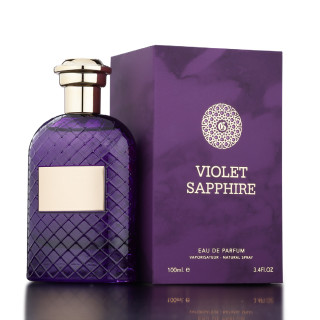 Fragrance World Violet Sapphire EDP 100 ml — toode ja pakend; väga lähivõte; valgel taustal