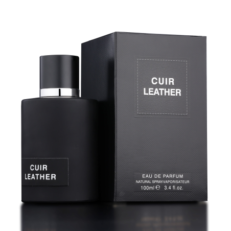 Fragrance World Cuir Leather EDP 100 ml — produkt a balení; detail; na tmavém pozadí