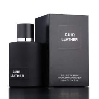 Fragrance World Cuir Leather EDP 100 ml — produkt a balení; detail; na tmavém pozadí