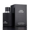 Fragrance World Cuir Leather EDP 100 ml — produkt a balení; detail; na tmavém pozadí