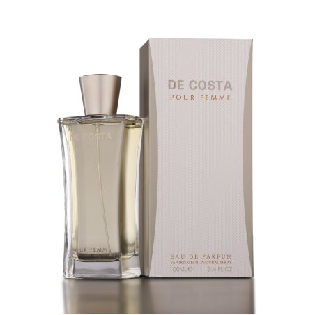 Fragrance World De Costa EDP 100 ml — товар и упаковка; крупный план; на белом фоне