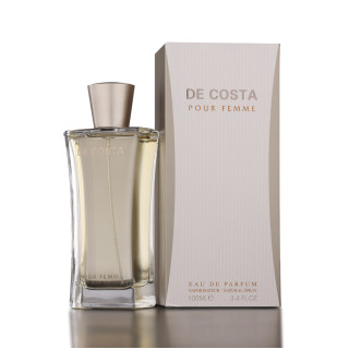 Fragrance World De Costa EDP 100 ml — товар и упаковка; крупный план; на белом фоне