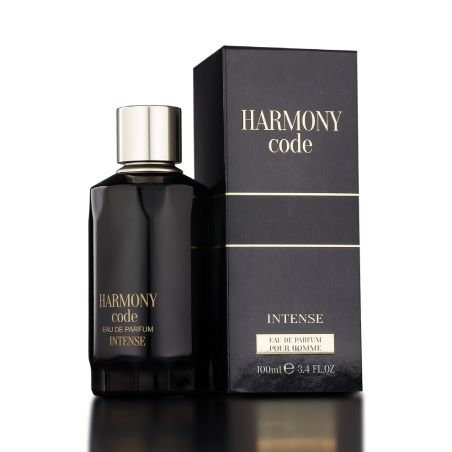 Fragrance World Harmony Code Intense EDP 100 ml — προϊόν και συσκευασία; κοντινή λήψη; σε σκούρο φόντο