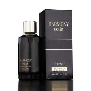 Fragrance World Harmony Code Intense EDP 100 ml — προϊόν και συσκευασία; κοντινή λήψη; σε σκούρο φόντο