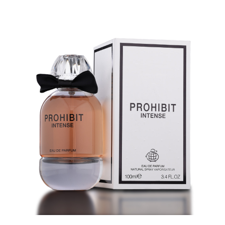 Fragrance World Prohibit Intense EDP 100 ml — Produkt und Verpackung; sehr nahe Detailaufnahme; auf weißem Hintergrund