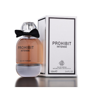 Fragrance World Prohibit Intense EDP 100 ml — Produkt und Verpackung; sehr nahe Detailaufnahme; auf weißem Hintergrund