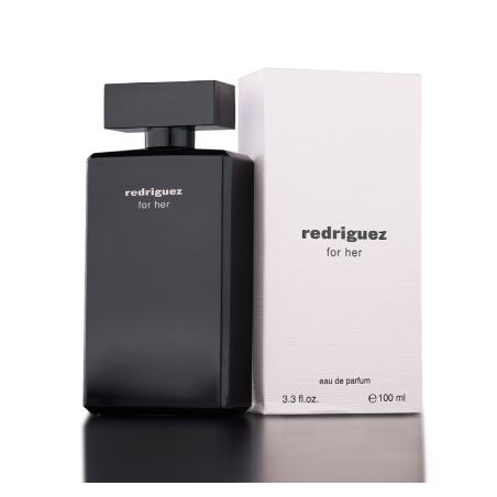 Fragrance World Redrigues for Her EDP 100 ml — produkto pakuotė; stambus planas; šviesiame fone
