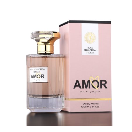 Rose Seduction Secret Amor EDP 100 ml — producto y embalaje; primer plano; sobre fondo blanco; encuadre más cercano