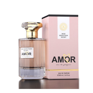 Rose Seduction Secret Amor EDP 100 ml — producto y embalaje; primer plano; sobre fondo blanco; encuadre más cercano