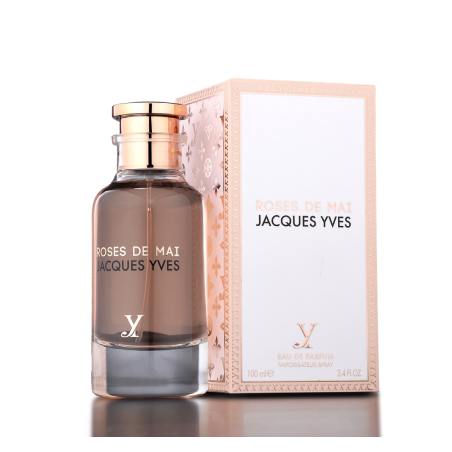 Fragrance World Roses De Mai Jacques Yves EDP 100 ml — produktas ir pakuotė; stambus planas; šviesiame fone
