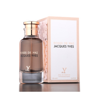 Fragrance World Roses De Mai Jacques Yves EDP 100 ml — produktas ir pakuotė; stambus planas; šviesiame fone
