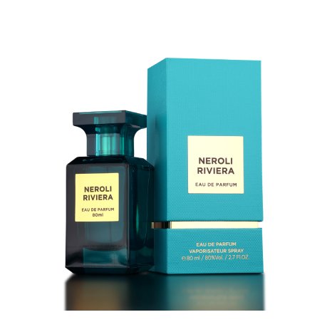 Fragrance World Neroli Riviera EDP 80 ml — product and packaging; close view; on a white background; closest framing