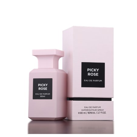Picky Rose EDP 80 ml — product en verpakking; volledige compositie; op een witte achtergrond; meest nabije kadrering