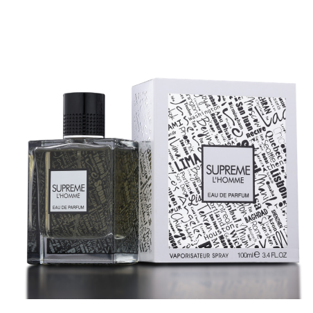 Fragrance World Supreme L'Homme 100 ml — producto y embalaje; primerísimo plano; sobre fondo blanco