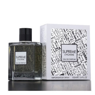 Fragrance World Supreme L'Homme 100 ml — producto y embalaje; primerísimo plano; sobre fondo blanco