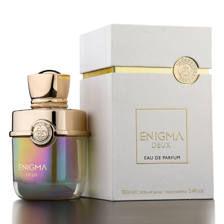 Fragrance World Enigma Deux EDP 100 ml — товар и упаковка; очень крупный план; на тёмном фоне