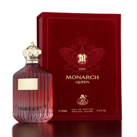 Fragrance World Monarch Queen EDP 100 ml — produktas ir pakuotė; stambus planas; šviesiame fone