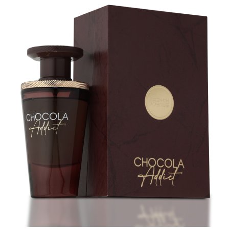 Fragrance World Chocola Addict EDP 100 ml — product en verpakking; zeer nabije close-up; op een witte achtergrond