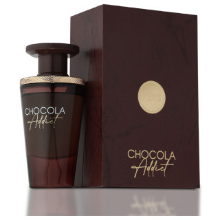 Fragrance World Chocola Addict EDP 100 ml — product en verpakking; zeer nabije close-up; op een witte achtergrond