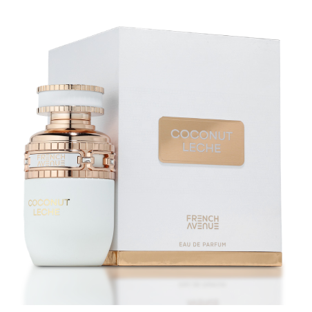 Fragrance World Coconut Leche EDP 80 ml — productverpakking; zeer nabije close-up; op een lichte achtergrond