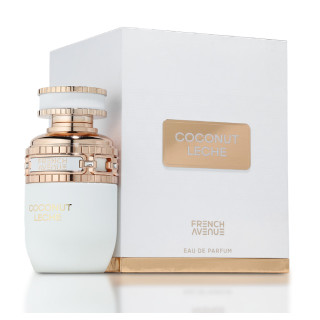 Fragrance World Coconut Leche EDP 80 ml — productverpakking; zeer nabije close-up; op een lichte achtergrond