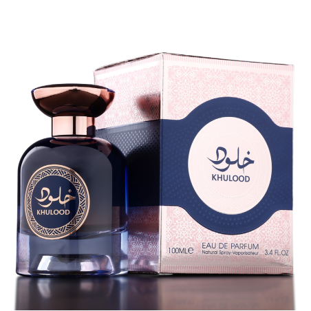 Fragrance World Khulood EDP 100 ml — προϊόν και συσκευασία; πολύ κοντινό πλάνο; σε σκούρο φόντο