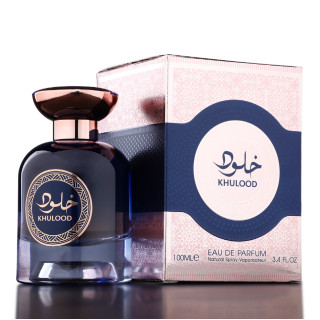 Fragrance World Khulood EDP 100 ml — προϊόν και συσκευασία; πολύ κοντινό πλάνο; σε σκούρο φόντο