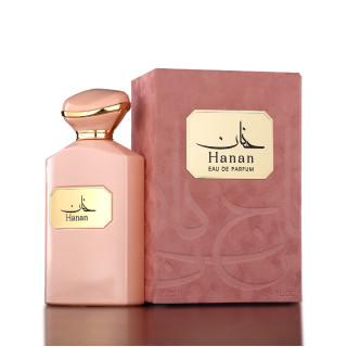 Fragrance World Hanan EDP 100 ml — товар и упаковка; очень крупный план; на тёмном фоне