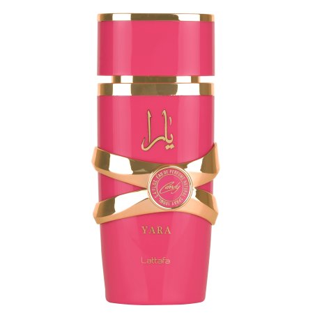 Lattafa Perfume Yara Candy EDP 100 ml — vista do produto; grande plano; sobre fundo branco; enquadramento mais aberto