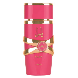 Lattafa Perfume Yara Candy EDP 100 ml — vista do produto; grande plano; sobre fundo branco; enquadramento mais aberto