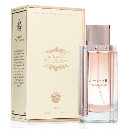 Lattafa Perfume The Kingdom Woman EDP 100 ml — товар и упаковка; крупный план; на белом фоне
