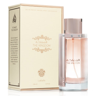 Lattafa Perfume The Kingdom Woman EDP 100 ml — товар и упаковка; крупный план; на белом фоне