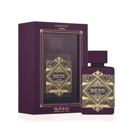 Lattafa Perfume Bade'e Al Oud Amethyst EDP 100 ml — produkto pakuotė; artimas vaizdas; baltame fone; artimiausias kadras