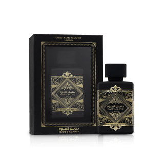 Lattafa Perfume Bade'e Al Oud Oud for Glory EDP 100 ml — toote pakend; lähivaade; valgel taustal