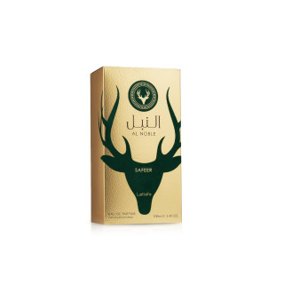 Lattafa Perfume Safeer Al Noble EDP 100 ml — produkta iepakojums; pilna kompozīcija; uz balta fona; visplašākais kadrējums