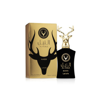 Lattafa Perfume Ameer Al Noble EDP 100 ml — toote pakend; täiskompositsioon; valgel taustal; lähim kadreering