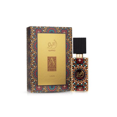 Lattafa Perfume Ajwad EDP 60 ml — productweergave; volledige compositie; op een witte achtergrond; meest nabije kadrering