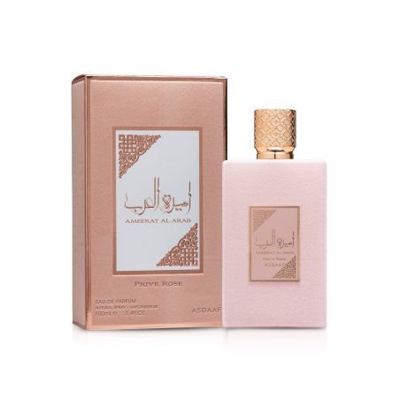 Lattafa Perfume Ameerat Al Arab Prive Rose EDP 100 ml — productverpakking; close-up; op een witte achtergrond; ruimste kadrering