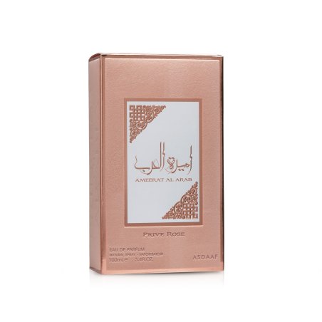 Ameerat Al Arab Prive Rose 100 ml — productverpakking; volledige compositie; op een witte achtergrond; meest nabije kadrering