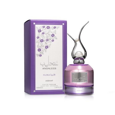 Lattafa Perfume Andaleeb Flora EDP 100 ml — produkt og emballage; fuld komposition; på hvid baggrund