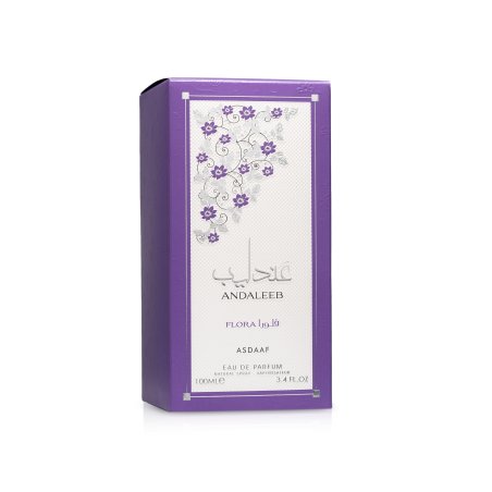 Lattafa Perfume Andaleeb Flora EDP 100 ml — produktemballage; fuld komposition; på hvid baggrund