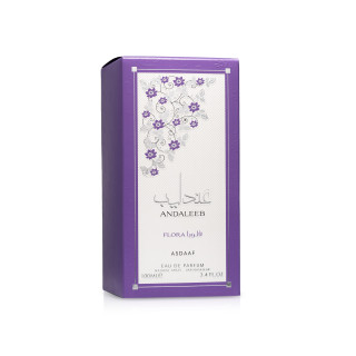 Lattafa Perfume Andaleeb Flora EDP 100 ml — produktemballage; fuld komposition; på hvid baggrund
