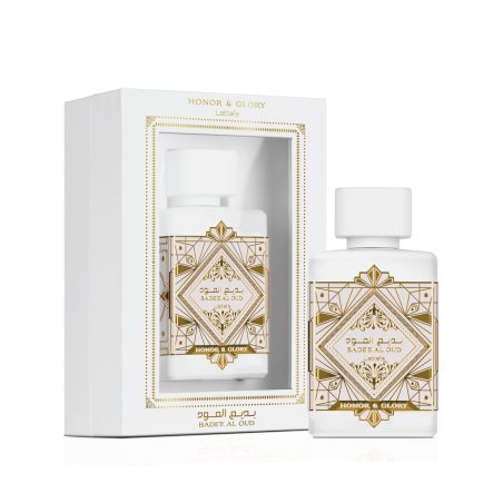 Lattafa Perfume Bade'e Al Oud Honor Glory EDP 100 ml — упаковка товара; полная композиция; на белом фоне