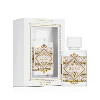 Lattafa Perfume Bade'e Al Oud Honor Glory EDP 100 ml — упаковка товара; полная композиция; на белом фоне