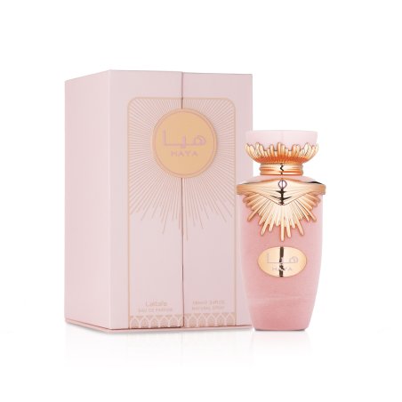 Lattafa Perfume Haya EDP 100 ml — Produktverpackung; vollständige Komposition; auf weißem Hintergrund; engster Bildausschnitt