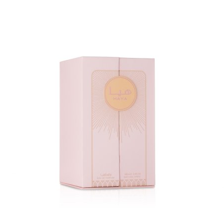 Lattafa Perfume Haya EDP 100 ml — Produktverpackung; vollständige Komposition; auf weißem Hintergrund; weitester Bildausschnitt
