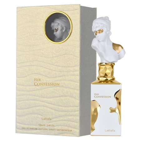 Lattafa Perfume Her Confession EDP 100 ml — Produktansicht; Nahaufnahme; auf weißem Hintergrund; engster Bildausschnitt