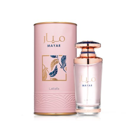 Lattafa Perfume Mayar EDP 100 ml — produkta skats; pilna kompozīcija; uz balta fona; tuvākais kadrējums
